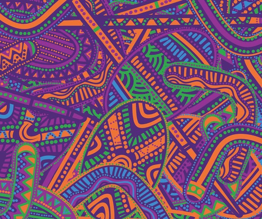 Indigenous artists' painting of the Brisbane river and Indigenous tools